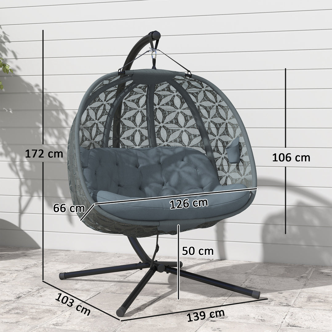 Outdoor Double Hanging Chair with Cushion and Cup Holders, Charcoal Grey