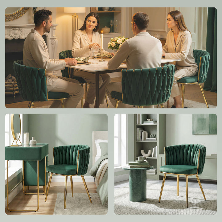 Velvet-Feel Dining Chairs Set of 2, Modern Upholstered Kitchen Chairs with Woven Backrest and Armrests, Metal Legs and Padded Seat for Dining Room, Bedroom, Living Room