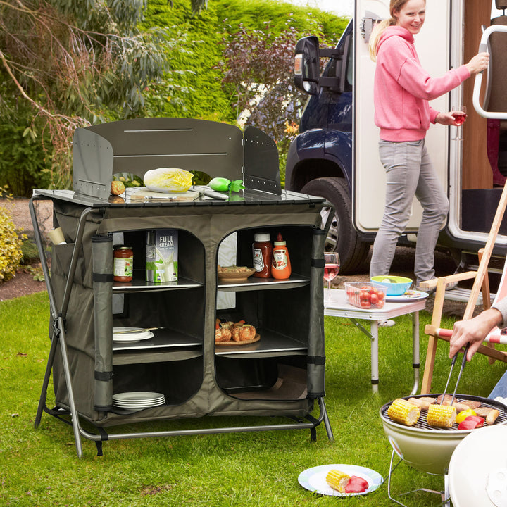Camping Cupboard Foldable Camping Kitchen Storage Unit w/ Windshield & 6 Shelves for BBQ Party Picnics Backyards with Carrying Bag