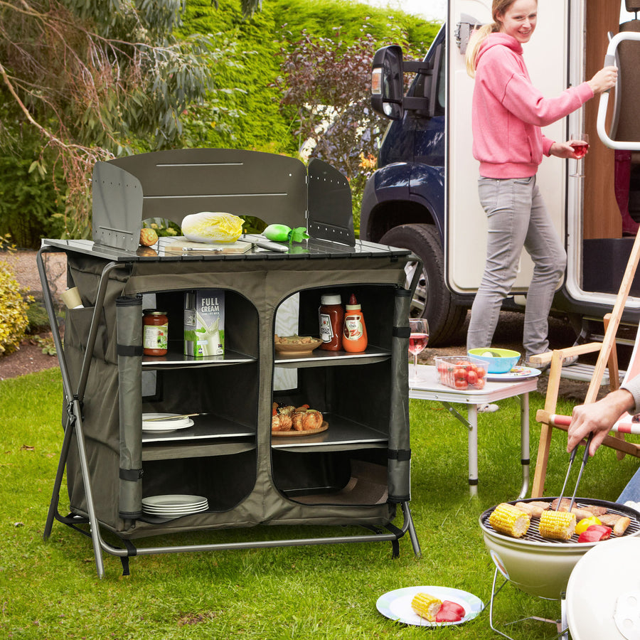 Camping Cupboard Foldable Camping Kitchen Storage Unit w/ Windshield & 6 Shelves for BBQ Party Picnics Backyards with Carrying Bag