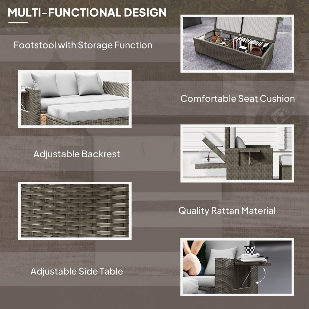 Rattan Day Bed, with Footstool - Light Grey