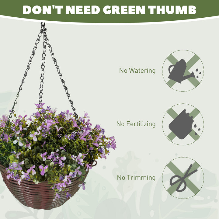 Artificial Flowers in Basket Set of 2, Artificial Hanging Baskets with 75 Leaves and 15 Flowers in Pot, Decorative Plant for Home Office Decor, Purple