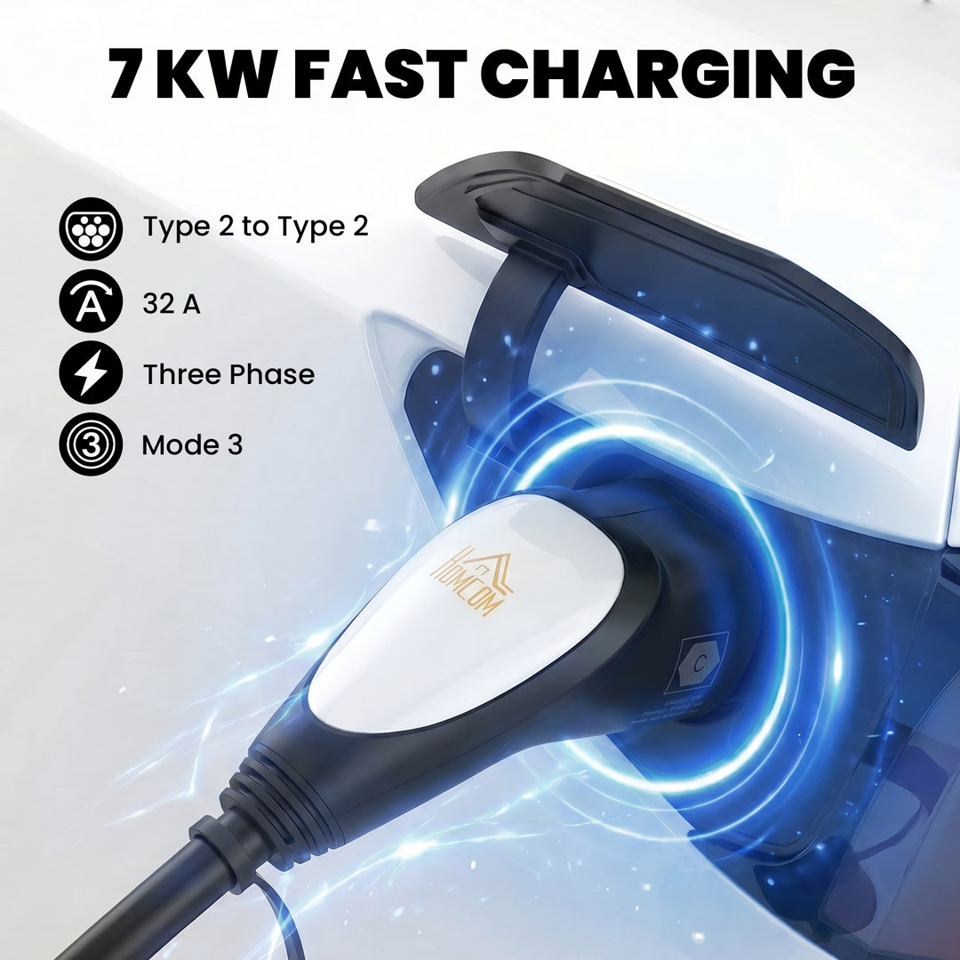 Type 2 EV Charging Cable, 7kW, 32A, Mode 3, 1-Phase, 10m Type 2 to Typ