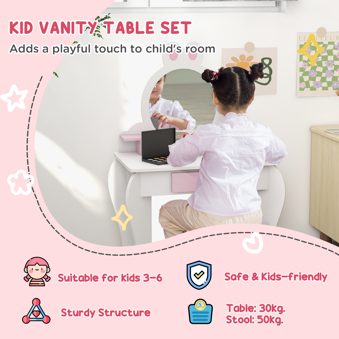 ZONEKIZ Bunny-Design Kids Dressing Table, with Mirror and Stool, Fun and Functional, White and Pink | Aosom UK