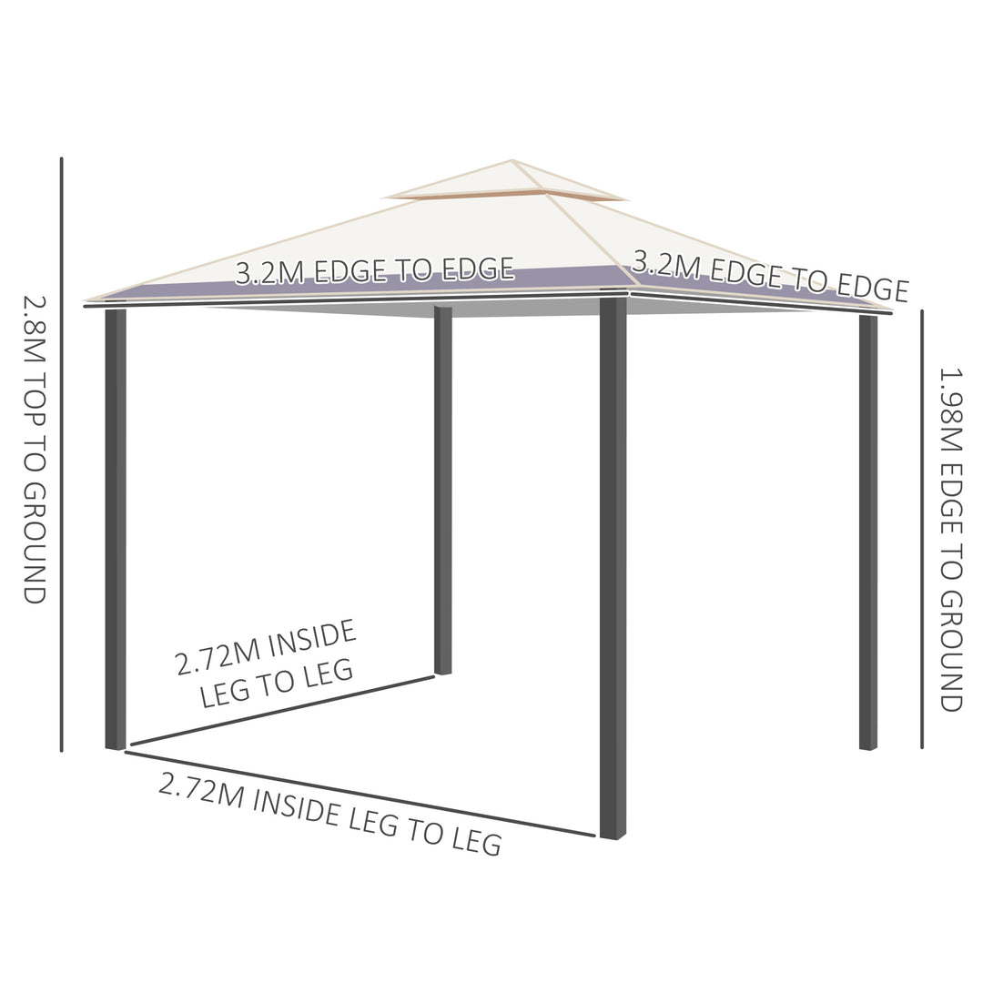 3.2 x 3.2m Garden Gazebo, Double Roof Outdoor Gazebo Canopy Shelter with Netting, Solid Steel Frame for Garden, Lawn, Backyard and Deck