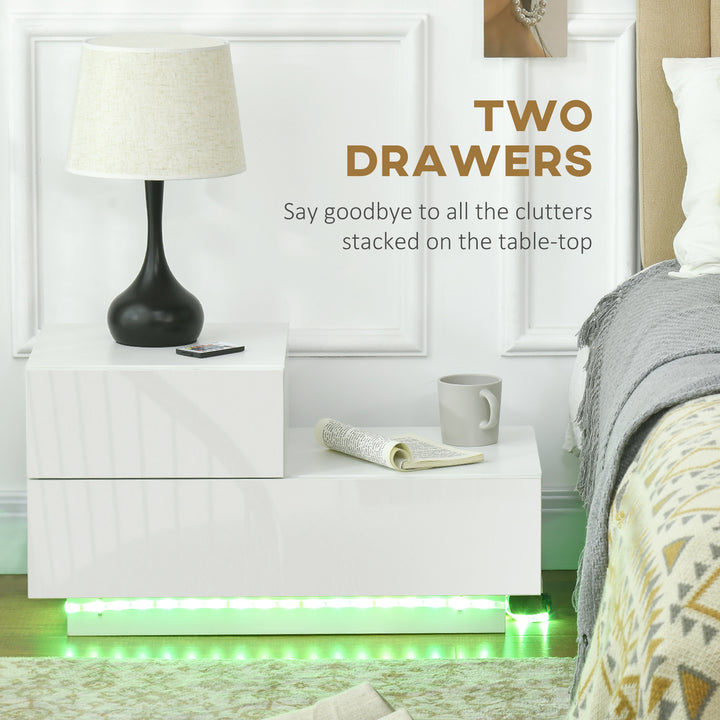 High Gloss Front Bedside Table with Drawers Nightstand with RGB LED Light and Remote for Bedroom Living Room White
