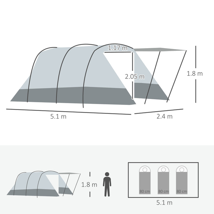 6-8 Person Tunnel Tent, Camping Tent with Bedroom, Living Room, Sewn-in Floor, 3 Doors and Carry Bag, 2000mm Water Column for Fishing, Hiking, Sports, and Traveling, Grey