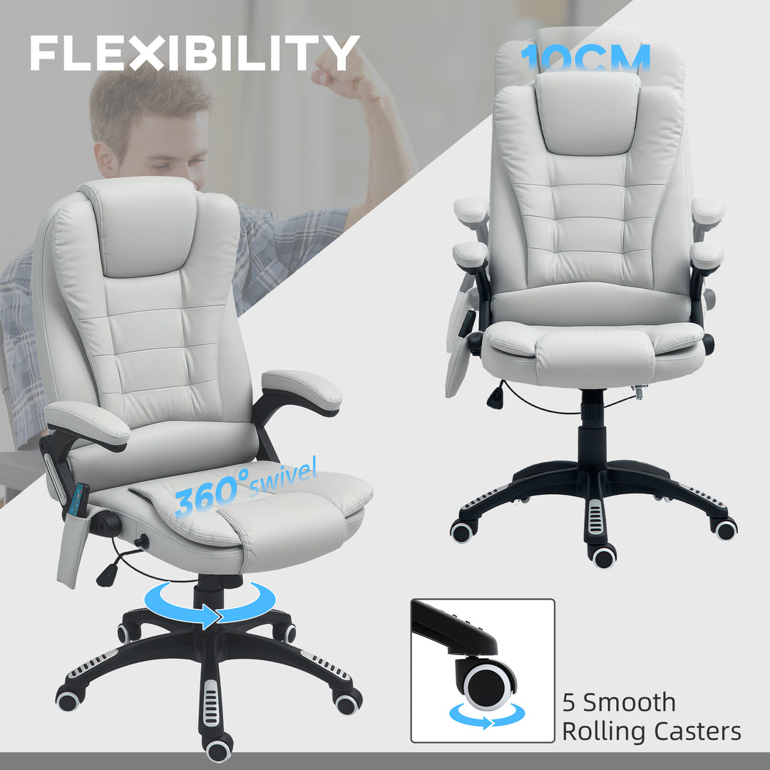 6-Point Massage Office Chair with Seat Heated for Home Office, PU Leather High Back Executive Desk Chair with Adjustable Height and 360° Swivel for Work Study, Light Grey