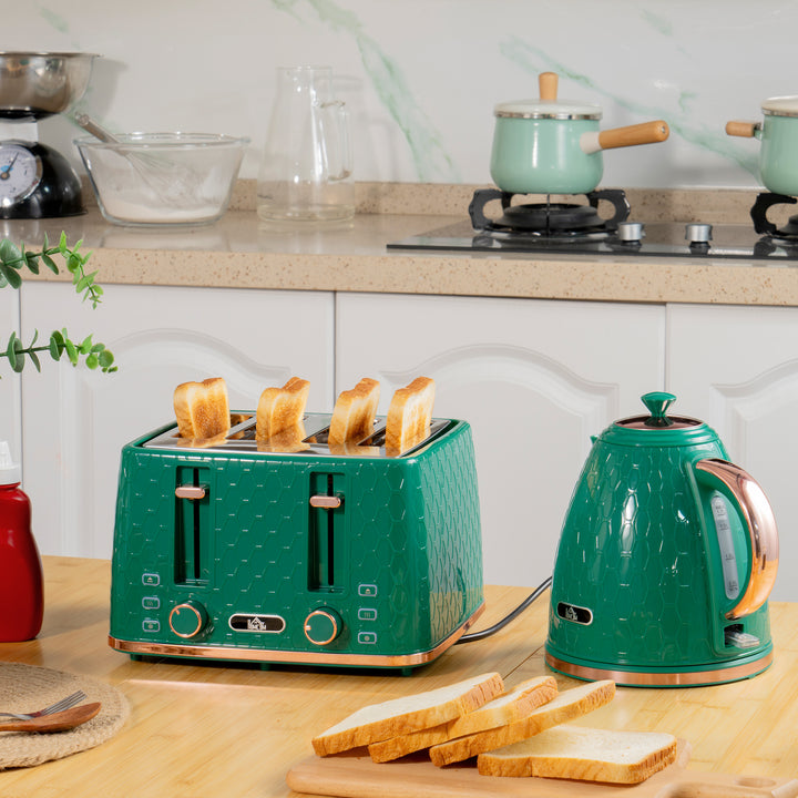 Kettle and Toaster Set, 1.7L 3000W Fast Boil Jug Kettle with Auto Shut Off, 4 Slice Toaster with 7 Level Browning Controls & Crumb Tray, UK Otter Thermostat, Green