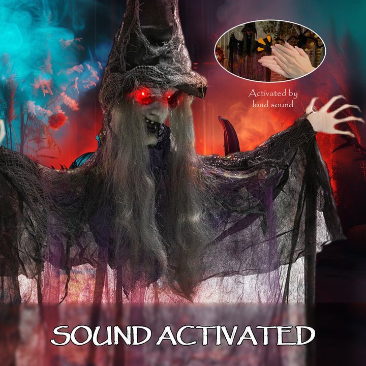Outsunny 183 cm Life Size Halloween Animated Hanging Witch with Glowing LED Eyes, Spooky Witch Scary Halloween Decorations, Battery Operated, Indoor Party Props