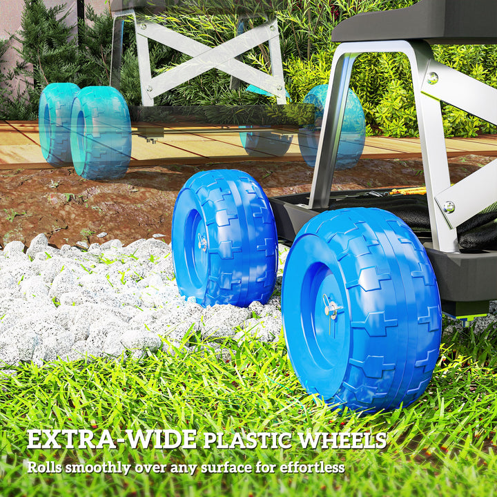 Garden Cart with Wheels, Garden Stool Trolley with Tool Tray, Rolling Garden Seat for Weeding, Planting, Blue