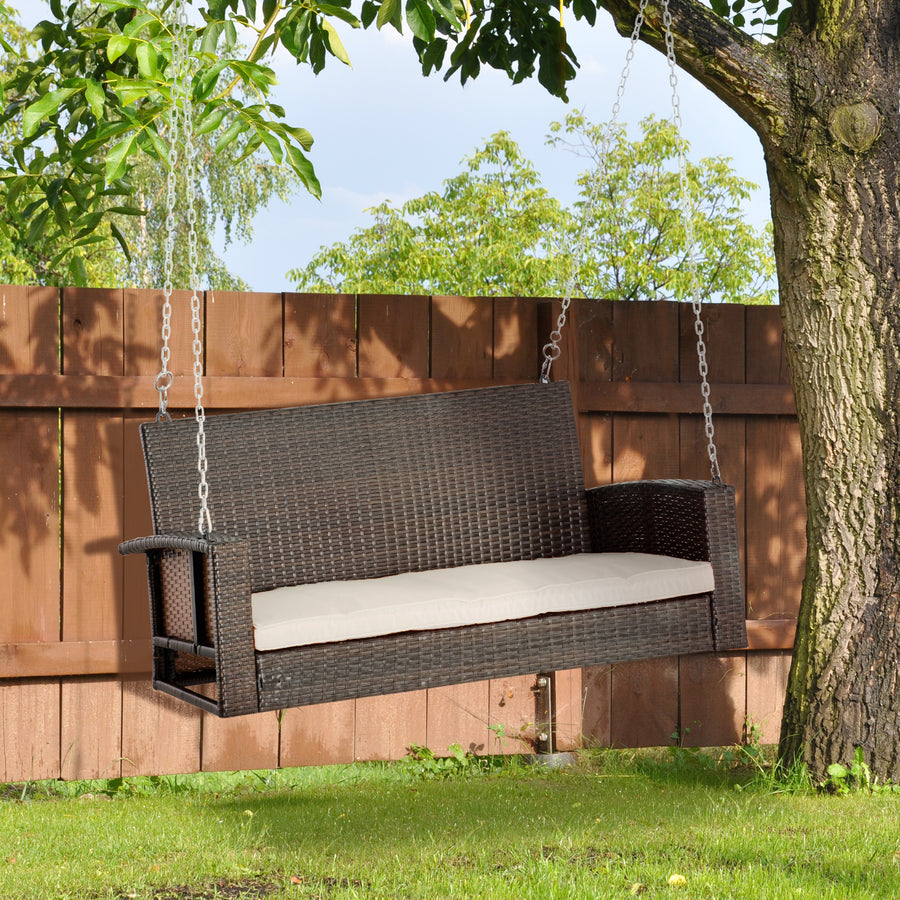 2 Seater Rattan Garden Swing Chair, Porch Swing Bench Loveseat with Cushion, Wicker Outdoor Hanging Swinging Seat with 2 Metal Chains, 250 KG Capacity for Patio, Balcony, Cream White