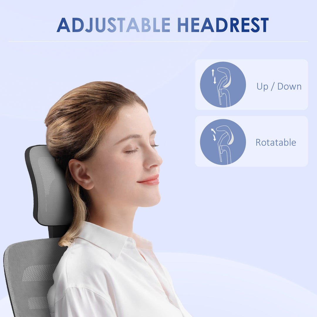 Vinsetto Office Chair, Ergonomic, Mesh Desk Chair with Rotatable Headrest, Lumbar Back Support, Armrest, Grey.