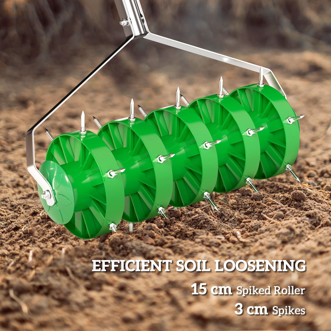 Rolling Lawn Aerator, Manual Grass Spike Roller, Heavy Duty Garden Aerator with 3 Piece Detachable Handle and T-bar Grip, Outdoor Garden Lawn Tool, Dark Green