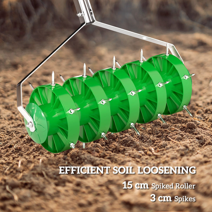 Rolling Lawn Aerator, Manual Grass Spike Roller, Heavy Duty Garden Aerator with 3 Piece Detachable Handle and T-bar Grip, Outdoor Garden Lawn Tool, Dark Green