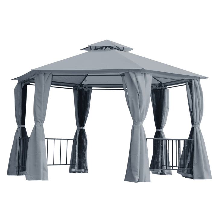 Outsunny Hexagon Gazebo Patio Canopy Party Tent Outdoor Garden Shelter w/ 2 Tier Roof & Side Panel - Grey | Aosom UK