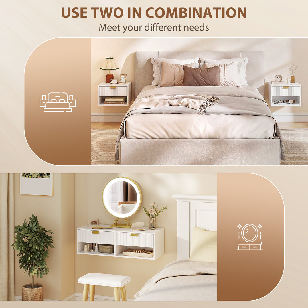 Set of 2 Wall Mounted Nightstands, Floating Bedside Tables with Fluted