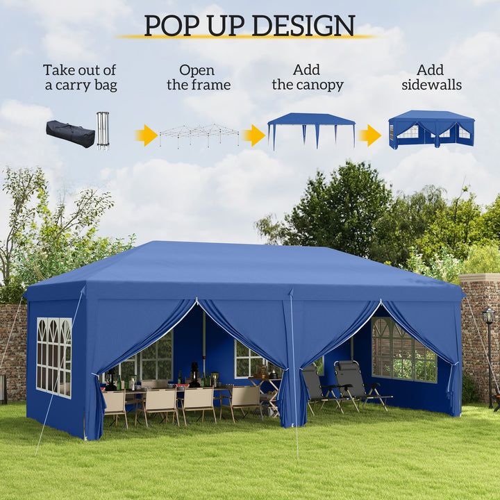 3 x 6 m Garden Pop Up Gazebo, Wedding Party Tent Marquee, Water Resistant Awning Canopy with Sidewalls, Windows, Carry Bag, Blue