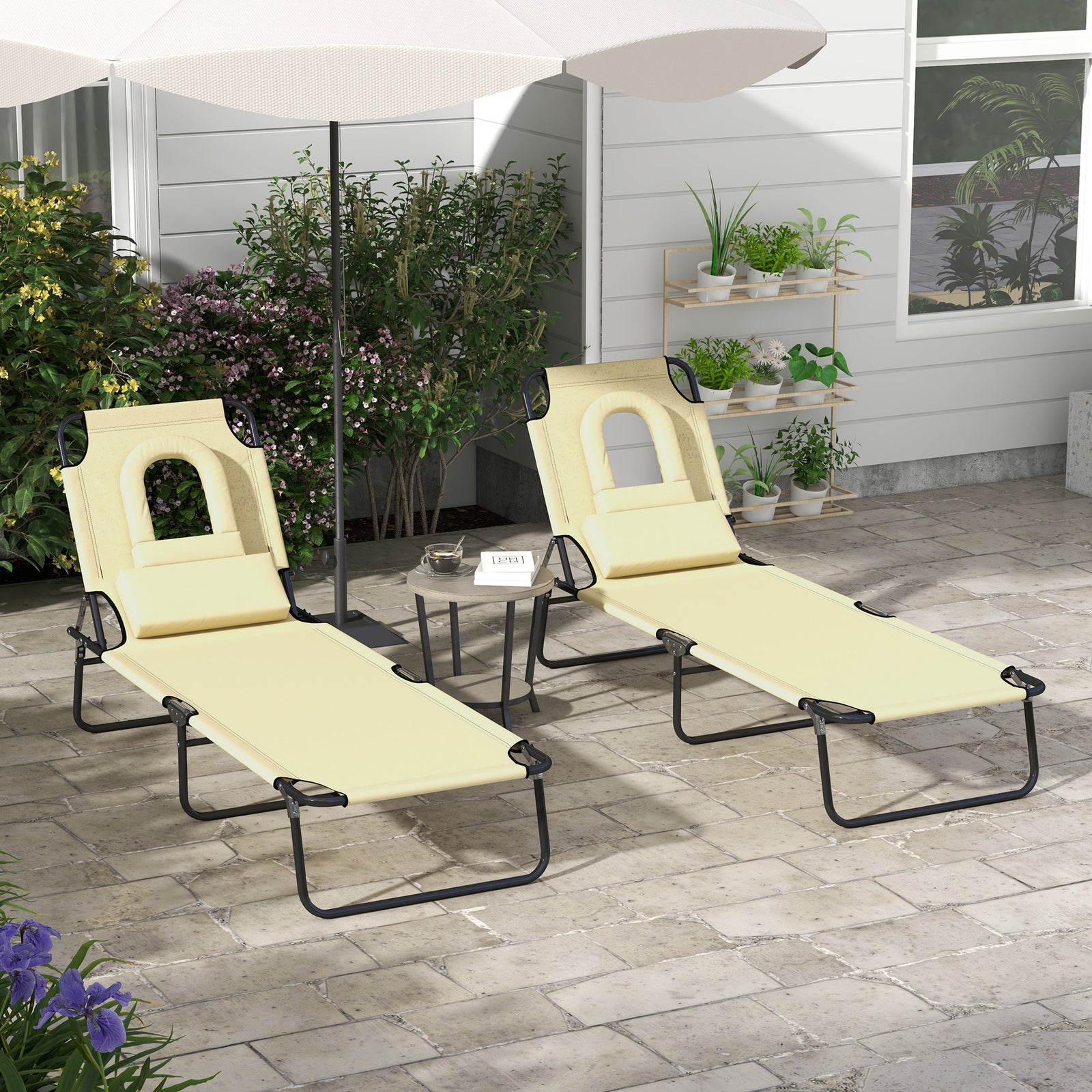 Outdoor Folding Sun Lounger Set of 2 with Face Hole, 4 Level Adjustable Backrest Reclining Garden Lounger, Garden Recliner Sunbed with 600 D Oxford Cloth Seat and Pillow for Beach, Beige