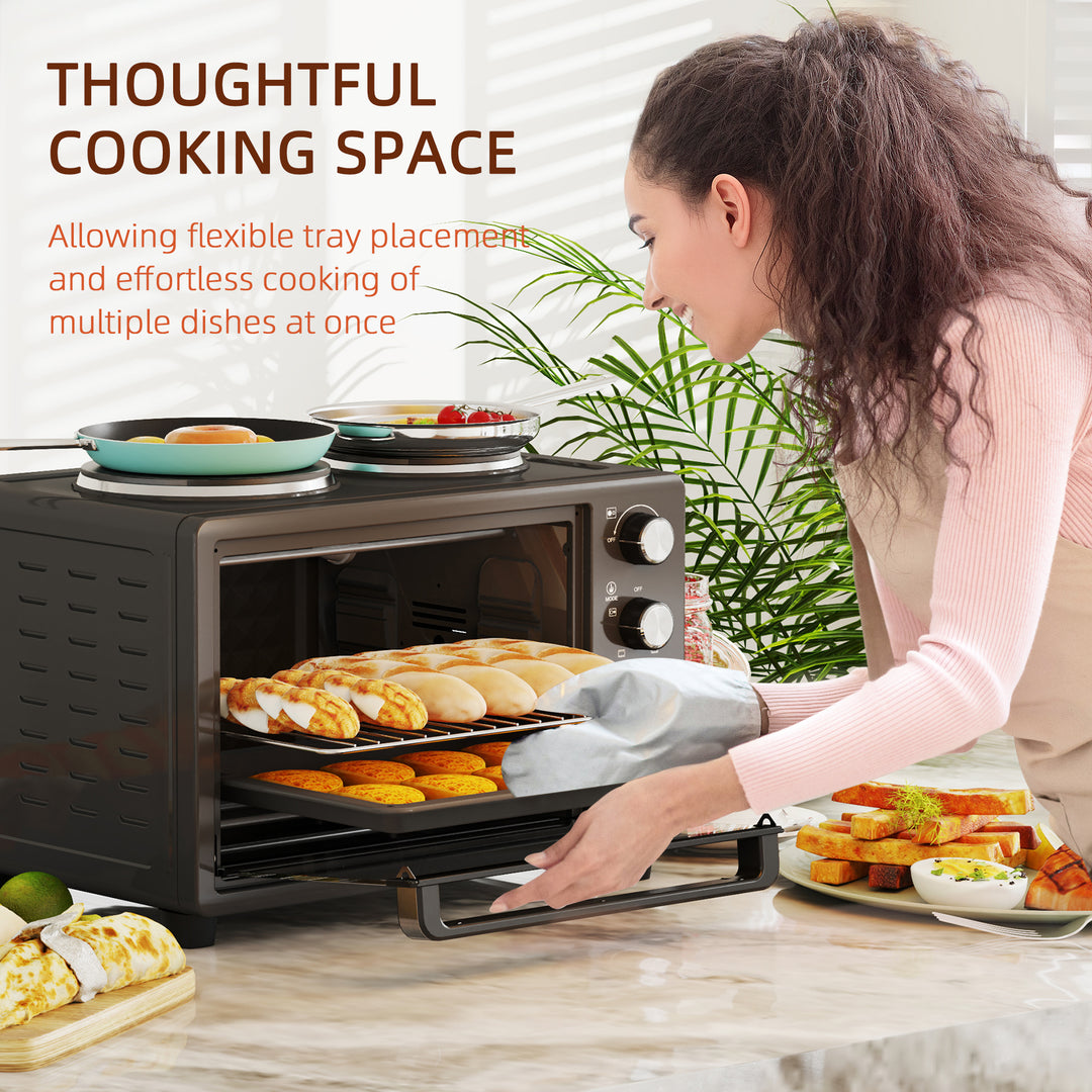 28L Mini Oven with 2 Hot Plates, Countertop Toaster Oven, Grill, Roast, Bake, Boil, with Timer, Adjustable Temperature, Electric Oven with Baking Tray, Grill Rack, Crumb Tray, 2600W, Black