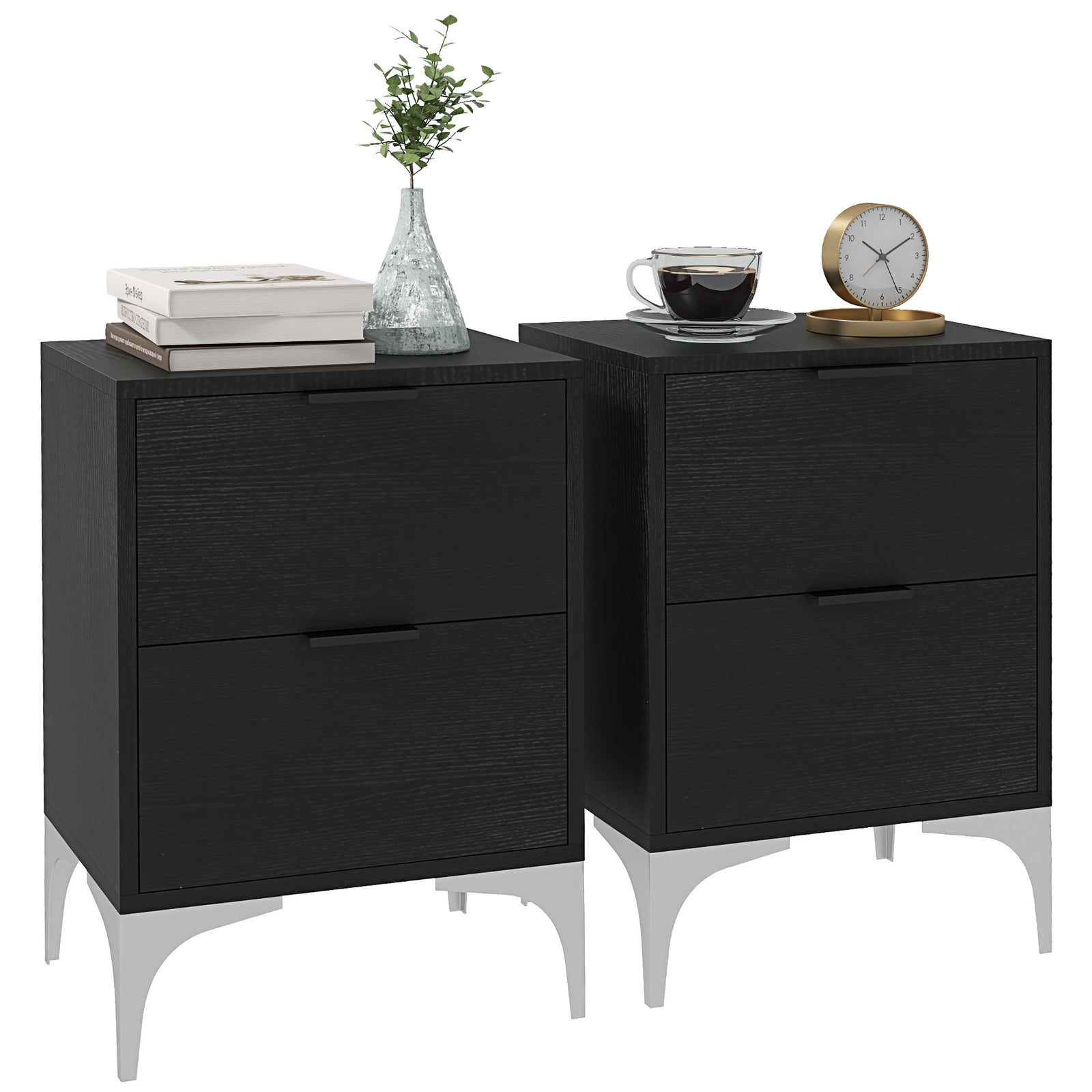 Set of Two Wood Effect Bedside Tables with Silver Tone Steel Base, Black