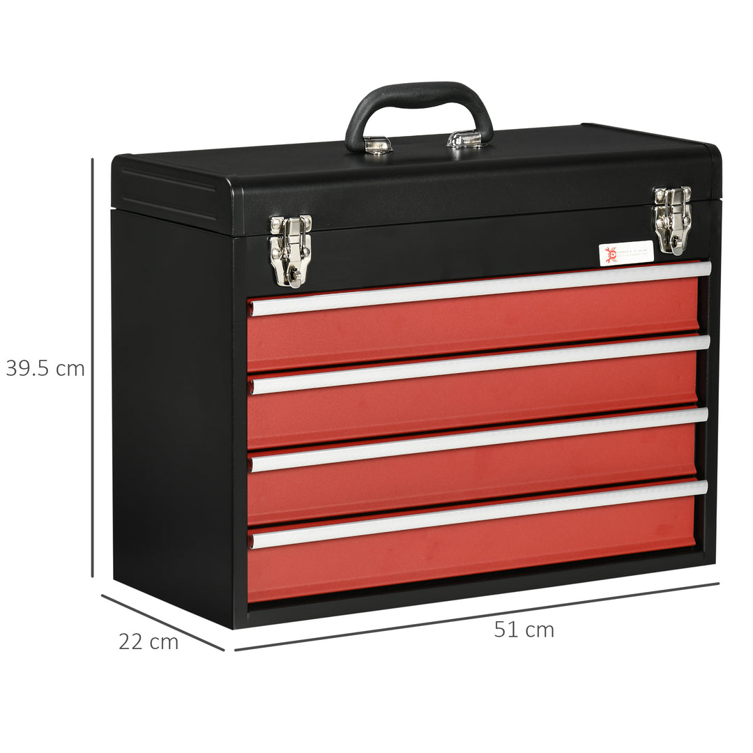 4 Drawer Tool Chest, Lockable Metal Tool Box with Ball Bearing Runners, Portable Toolbox, 510mm x 220mm x 395mm, Black