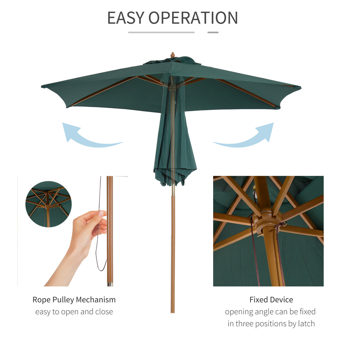 Outsunny Wooden Parasol: 2.5m UV-Protective Garden Umbrella with Pulley System, Dark Green | Aosom UK