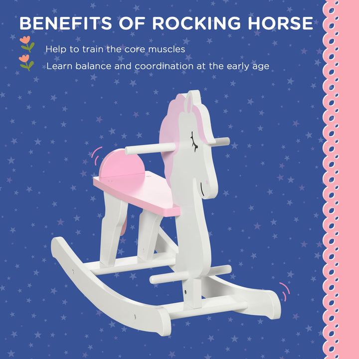 HOMCOM Traditional Wooden Rocking Horse, Ride On Toy with Handlebar and Foot Pedal, for 1-3 Years, Pink | Aosom UK