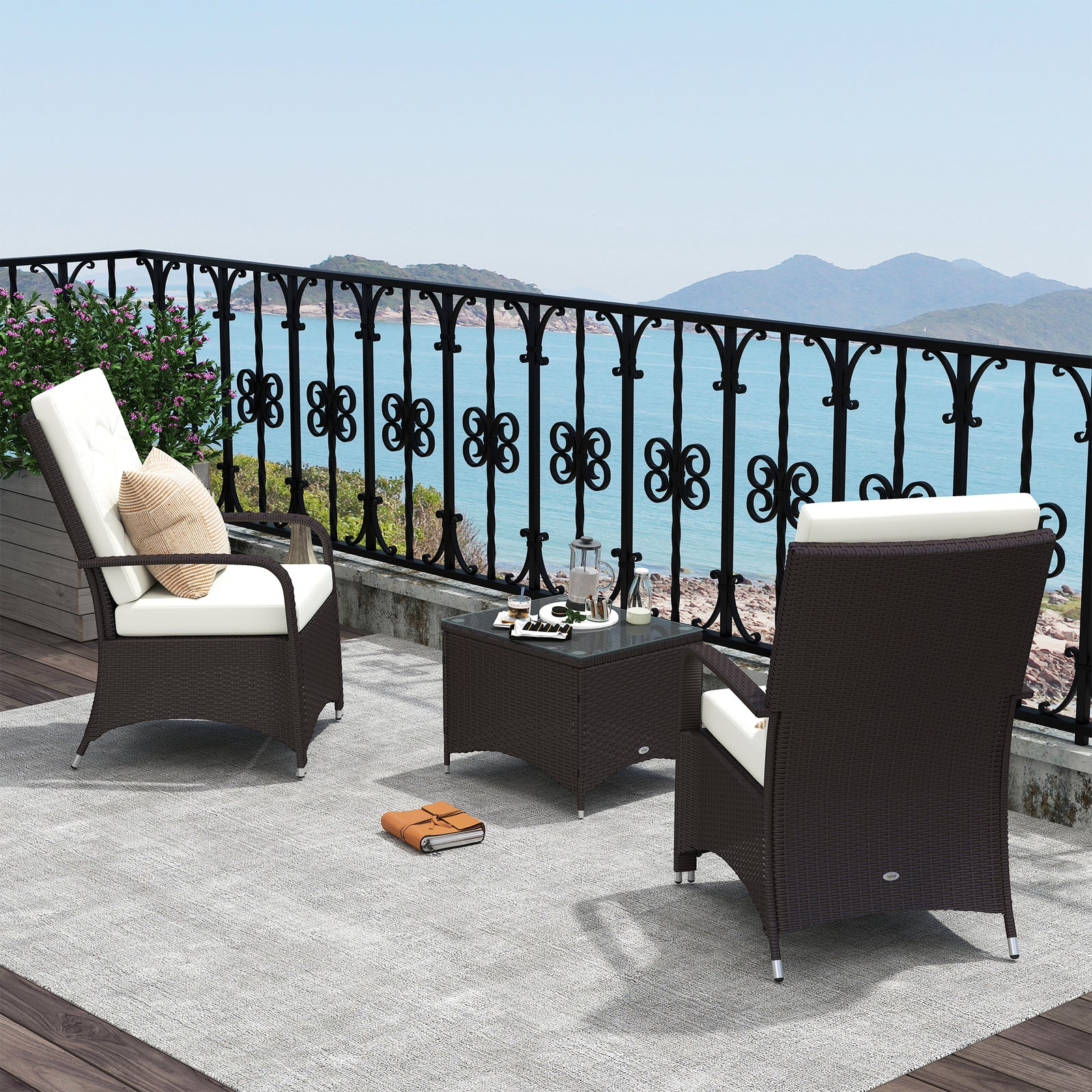 3 Pieces Rattan Bistro Set with Furniture Cover, Wicker Garden Furniture Set, Glass Top Coffee Table and Chairs with Cushions for Outdoor, Patio, Balcony, Cream White