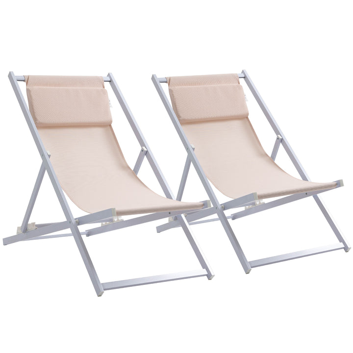 Set of 2 Folding Garden Beach Aluminium Frame Deck Chairs Deckchairs Seaside Folding Garden Patio Lounger, Beige
