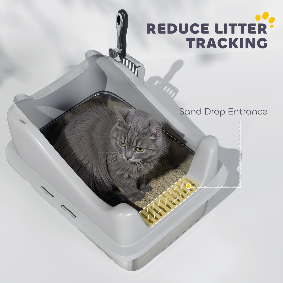 Stainless Steel Cat Litter Box with High Sides, Metal Scoop, 43 x 33 x 25 cm