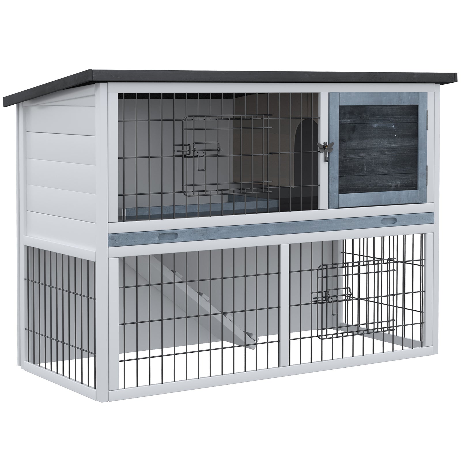 2-Tier Wooden Rabbit Hutch Guinea Pig House Bunny Cage Backyard w/ Openable Roof Small Animal House for Outdoor Grey, 108 x 45 x 78 cm