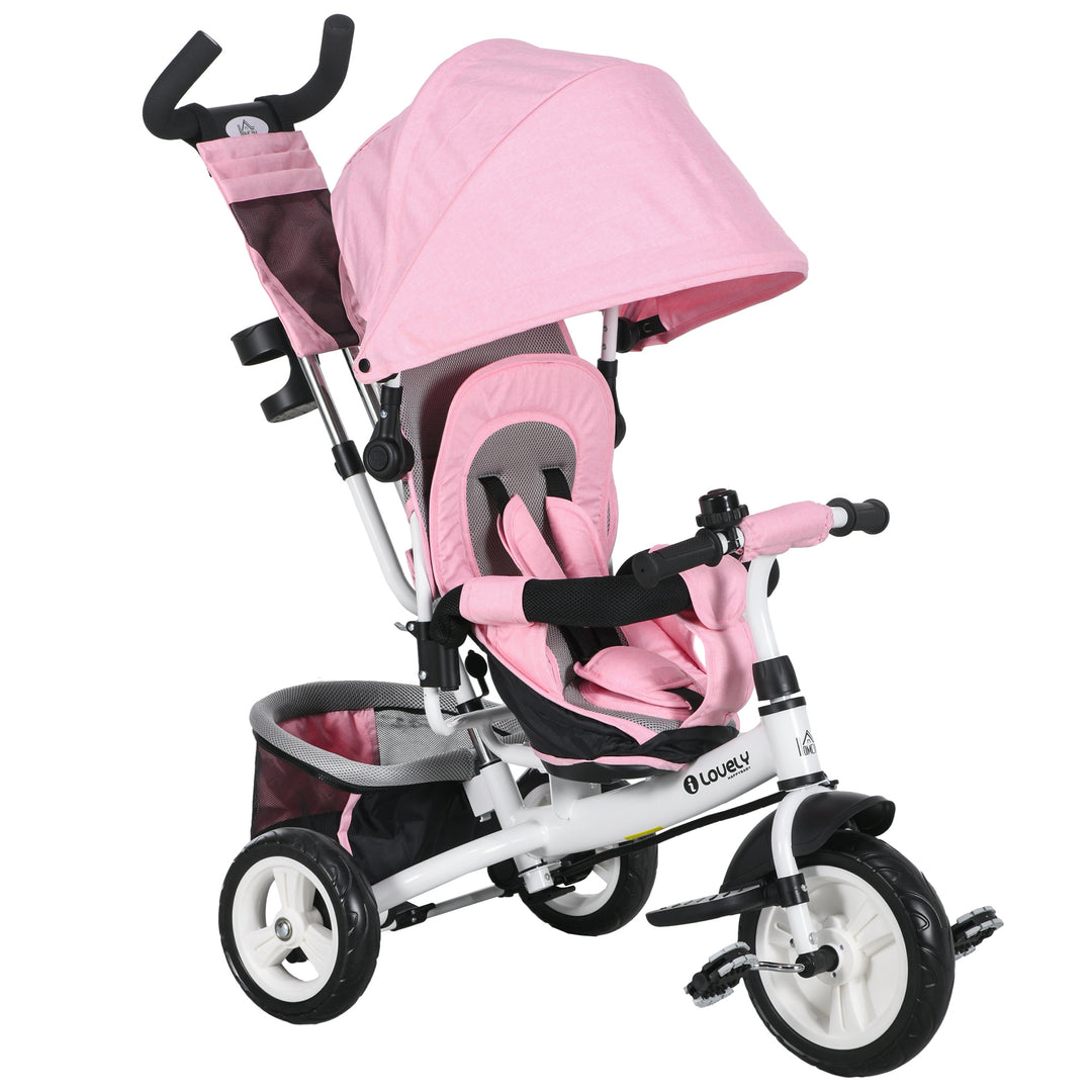 6 in 1 Kids Trike with Parent Handle, Canopy, 5-point Safety Belt, Storage, Footrest, Brake, for 1-5 Years, Pink