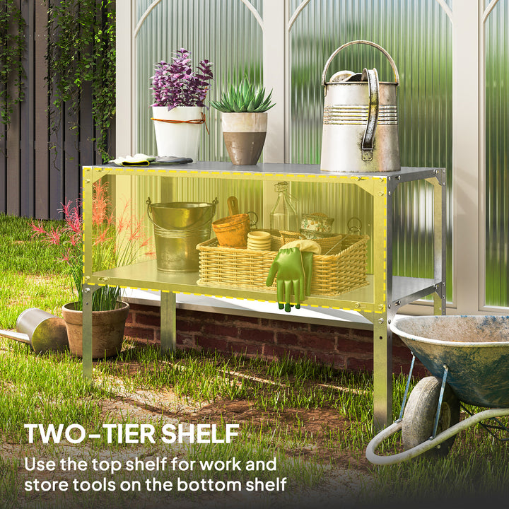 2 Tier Potting Bench Table, Galvanised Steel Garden Planting Work Bench Workstation with Storage Shelf for Outdoor, Patio, Greenhouse, 110 x 50 x 75 cm, Silver Tone