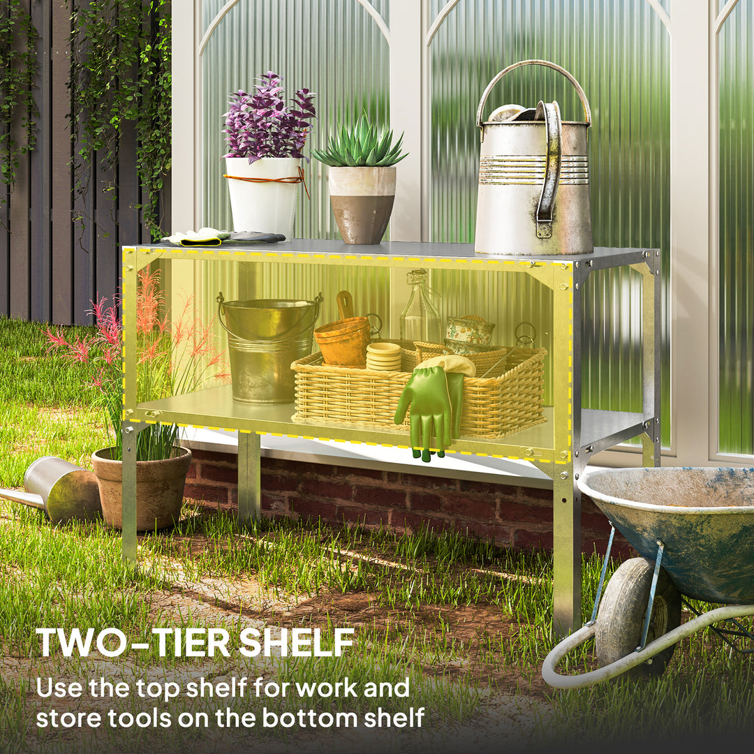 2 Tier Potting Bench Table, Galvanised Steel Garden Planting Work Bench Workstation with Storage Shelf for Outdoor, Patio, Greenhouse, 110 x 50 x 75 cm, Silver Tone