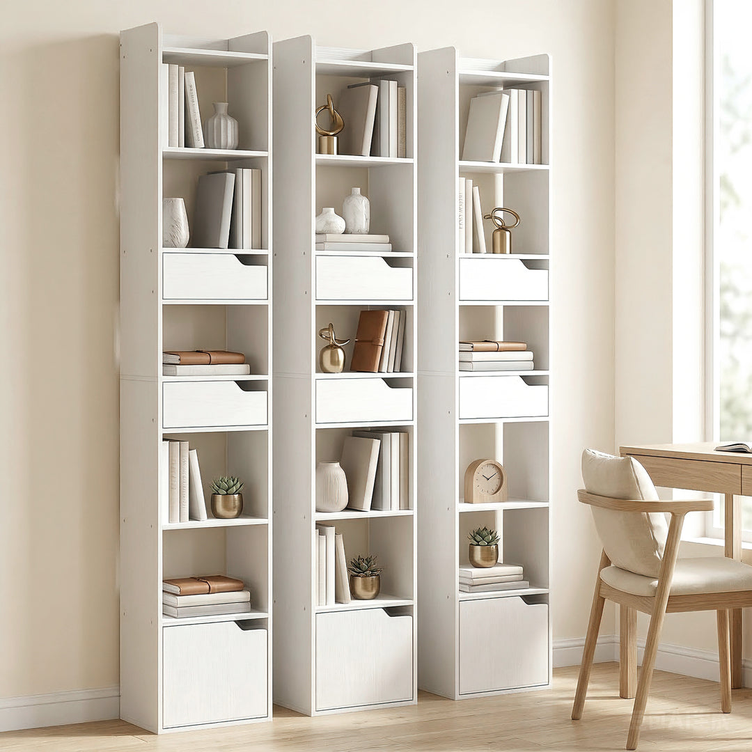 Bookcase Tall Narrow with 5 Tiers and Drawers Freestanding Bookshelf S