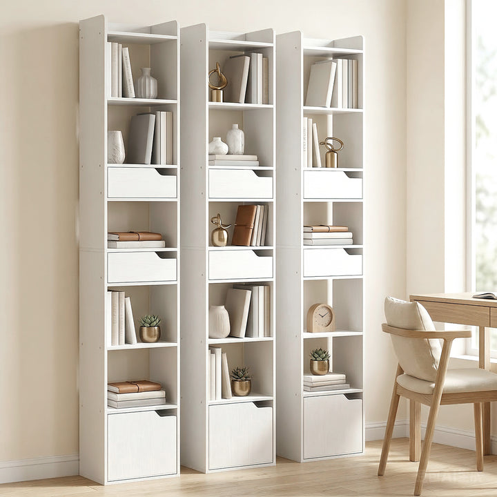 Bookcase Tall Narrow with 5 Tiers and Drawers Freestanding Bookshelf S