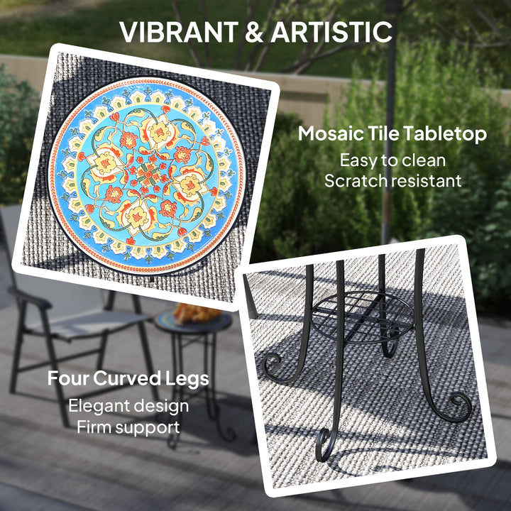 Mosaic Garden Table, 35.5 cm Round Outdoor Table with Shelf, Ceramic Tile Top, Small Garden Side Table Bistro Table End Table Plant Stand for Indoor, Patio, Balcony, Blue