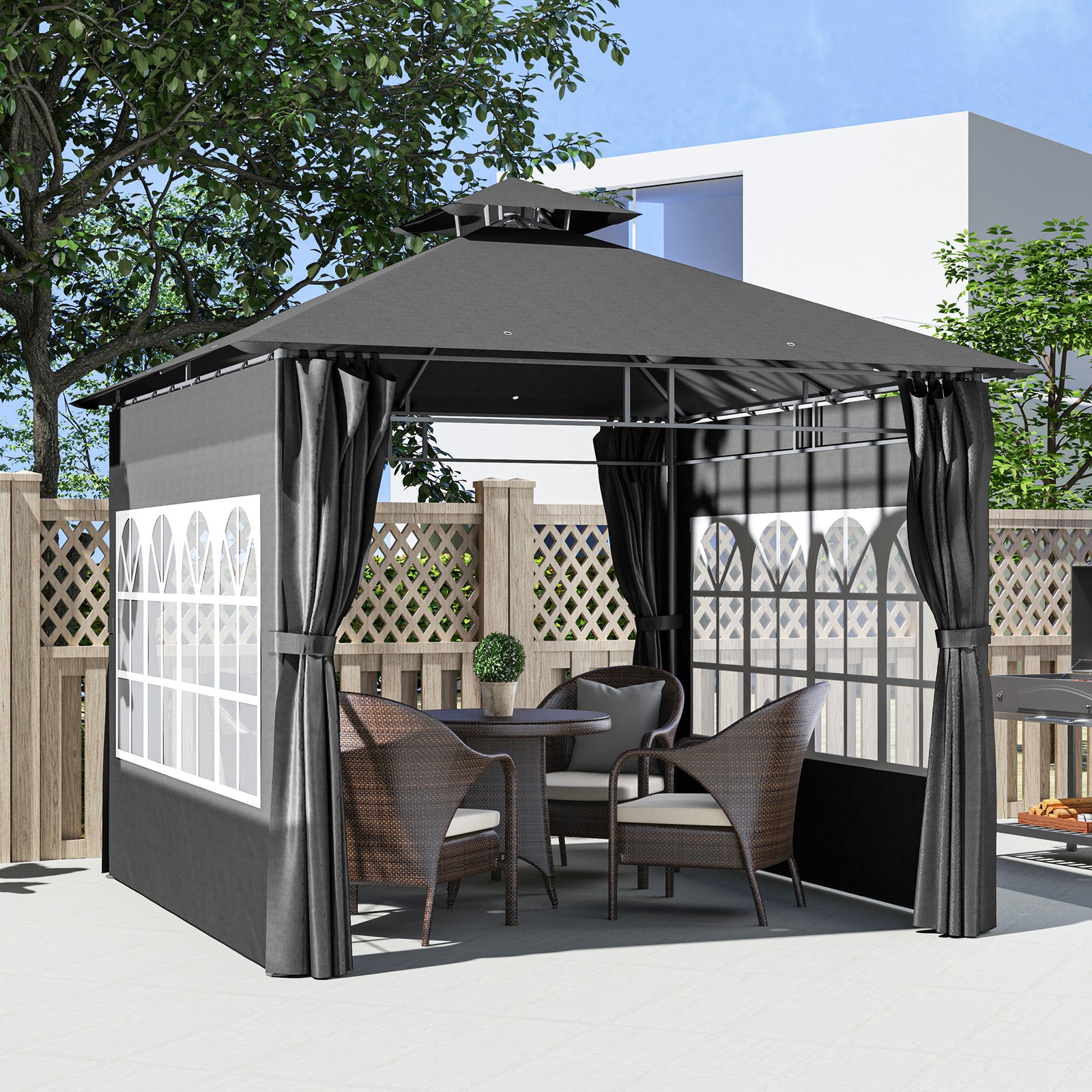 3 x 3 m Garden Gazebo, Double Roof Metal Gazebo with Removable Sidewalls and Church Windows, Outdoor Canopy Shelter, Dark Grey