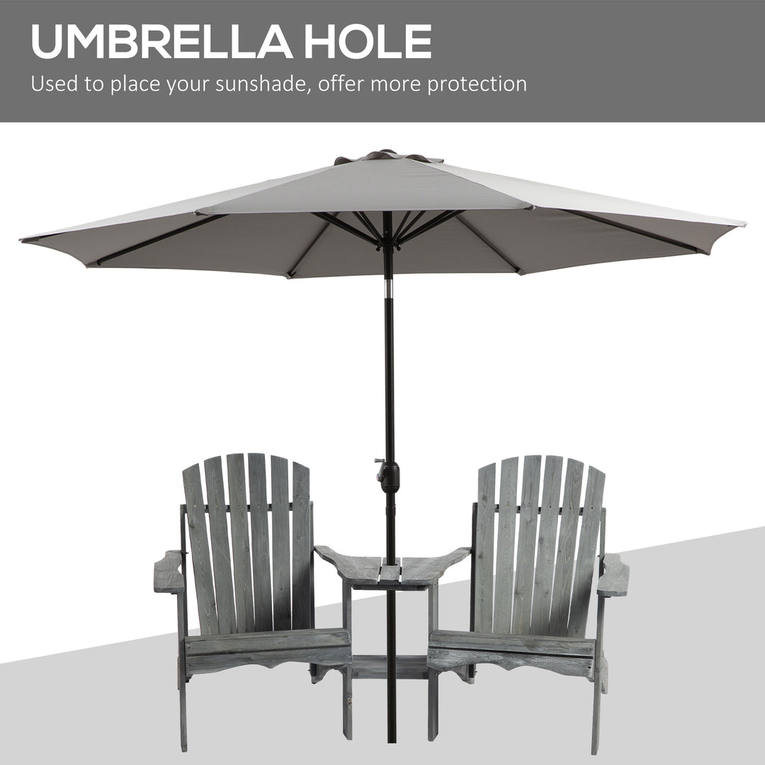 Wooden Outdoor Double Adirondack Chairs Loveseat w/ Centre Table and Umbrella Hole, Garden Patio Furniture for Lounging and Relaxing, Grey