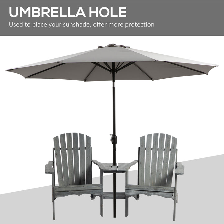 Wooden Outdoor Double Adirondack Chairs Loveseat w/ Centre Table and Umbrella Hole, Garden Patio Furniture for Lounging and Relaxing, Grey