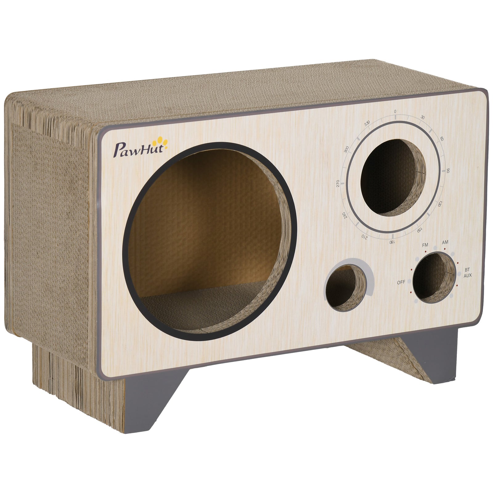 2 in 1 Cat Scratcher, Radio Shape Cat House with Catnip, 57 x 24.5 x 39cm, Natural Wood Finish