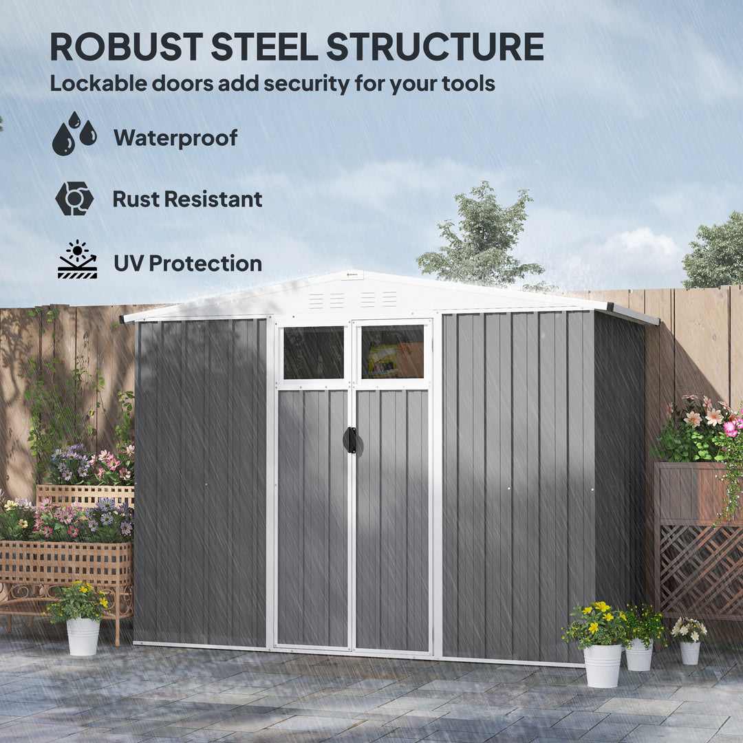 8 x 4 ft Metal Garden Shed, Garden Storage Shed with Window, 4 Vents and Lockable Door, Waterproof Galvanised Steel Tool Storage Shed, Light Grey