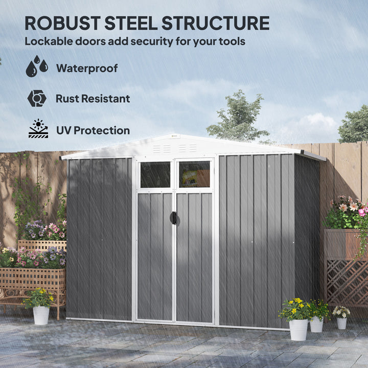 8 x 4 ft Metal Garden Shed, Garden Storage Shed with Window, 4 Vents and Lockable Door, Waterproof Galvanised Steel Tool Storage Shed, Light Grey