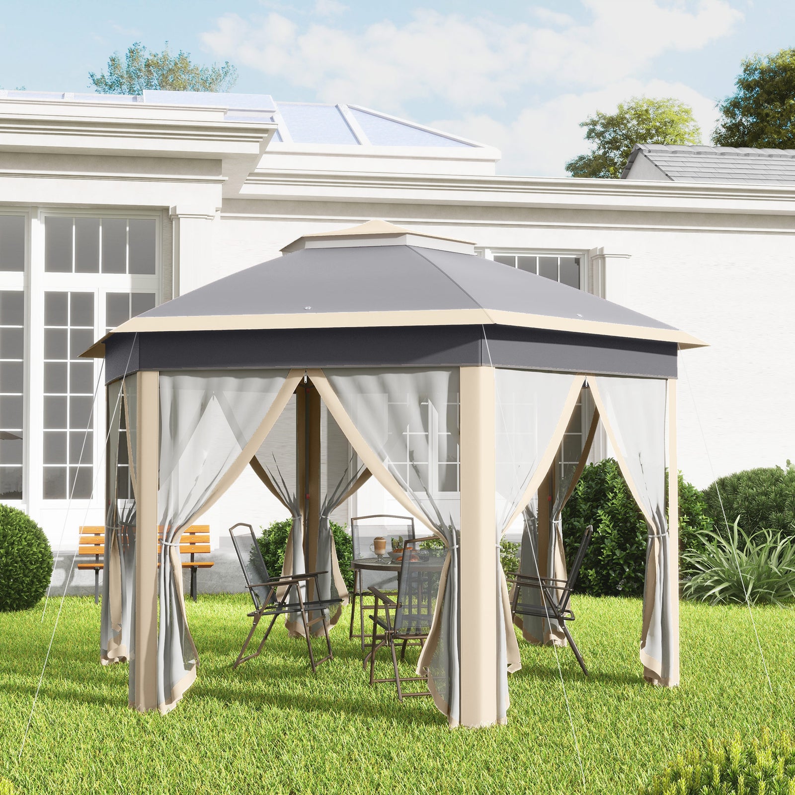 Hexagon Pop Up Gazebo Outdoor Patio Gazebo Double Roof Instant Shelter with Netting, 3 x 4m, Khaki