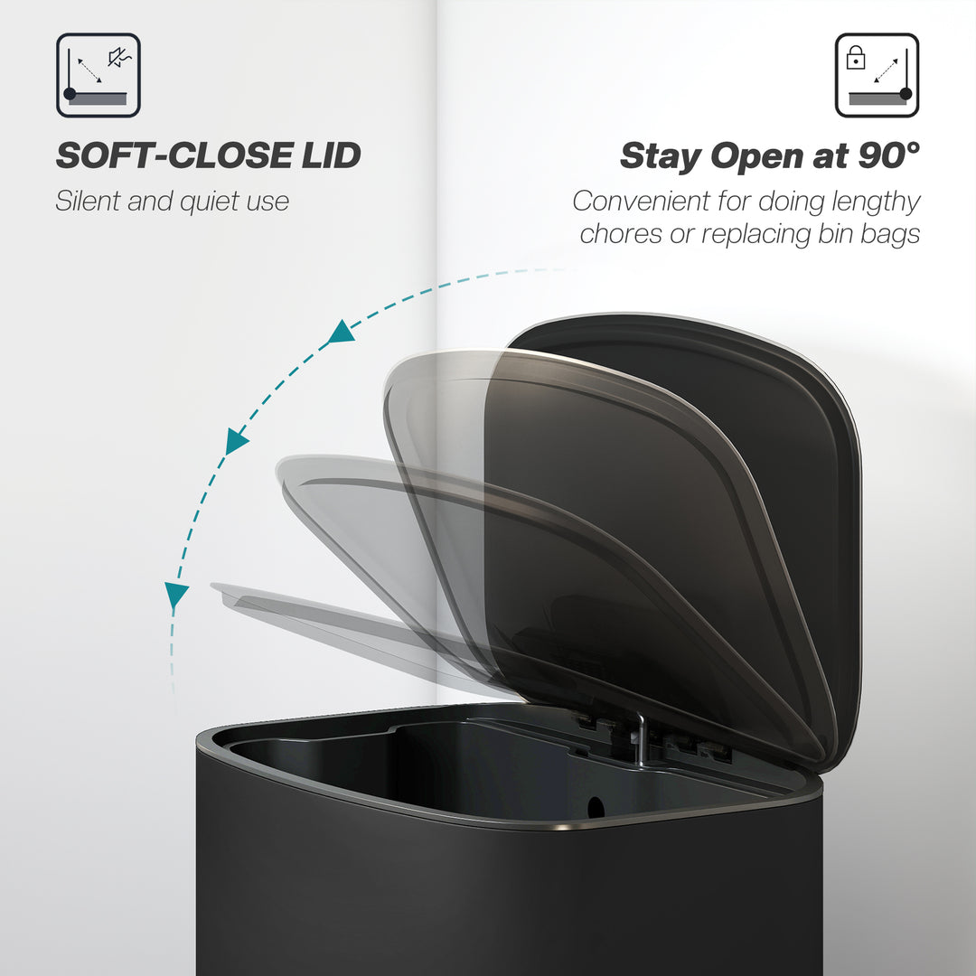 MCL 50L Kitchen Bin with Soft-Close Lid and Stay-Open Function, Stainless Steel Pedal Bin with Removable Inner Bucket, Carry Handle for Kitchen, Office, Home, Black