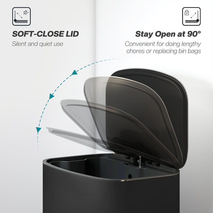 MCL 50L Kitchen Bin with Soft-Close Lid and Stay-Open Function, Stainless Steel Pedal Bin with Removable Inner Bucket, Carry Handle for Kitchen, Office, Home, Black