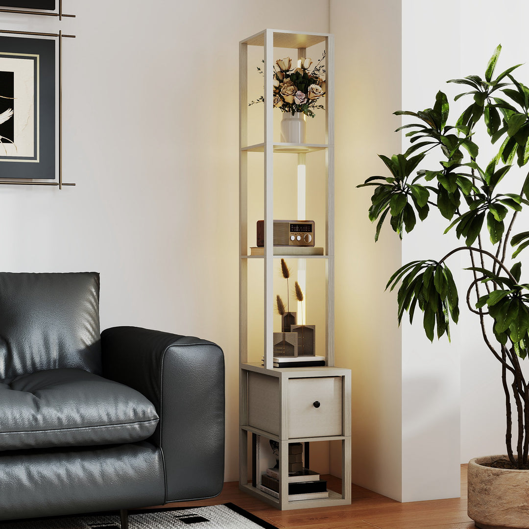 Floor Lamp with Shelves, LED Column Modern Standing Lamp with Fabric Drawer, Adjustable Brightness, Foot Switch for Living Room, Bedroom, Office, Oak