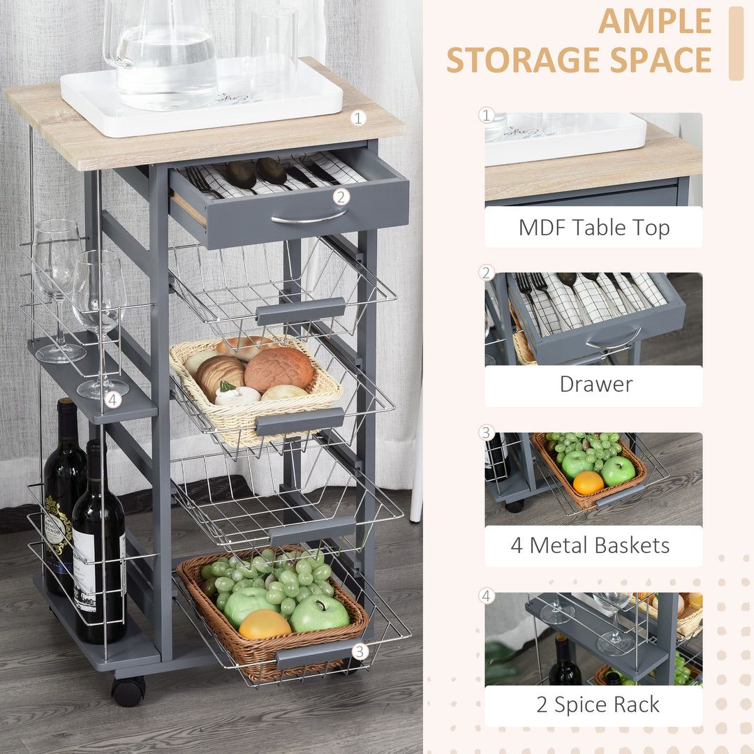 Rolling Kitchen Cart, Utility Storage Cart with 4 Basket Drawers & Side Racks, Wheels for Dining Room, Grey