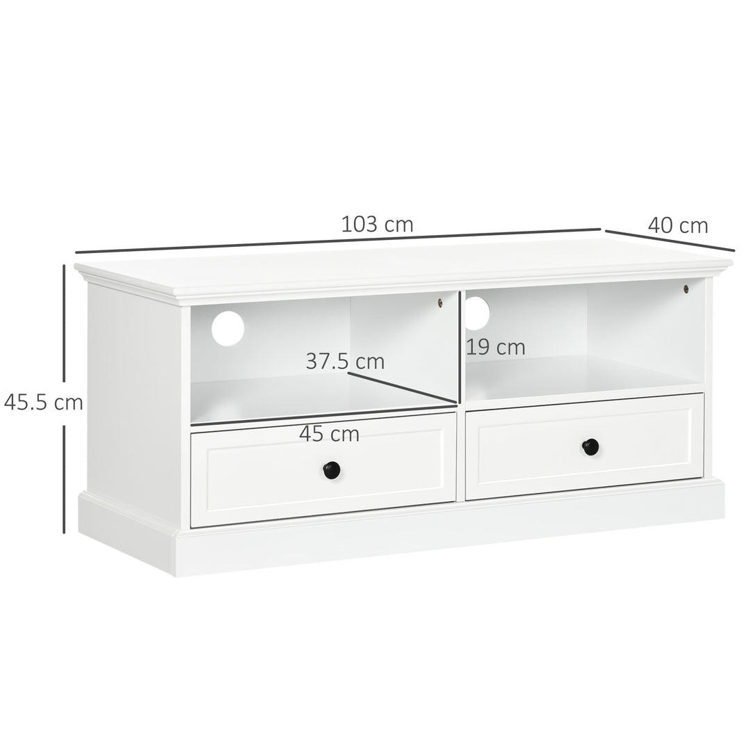 Modern TV Unit Cabinet for TVs up to 45 Inches, TV Stand with Drawers, Open Shelves, Cable Holes for Living Room, White
